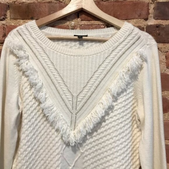 Talbots Ivory Fringe Yolk Cable Knit Sweater Medium Wool Blend - Picture 7 of 7